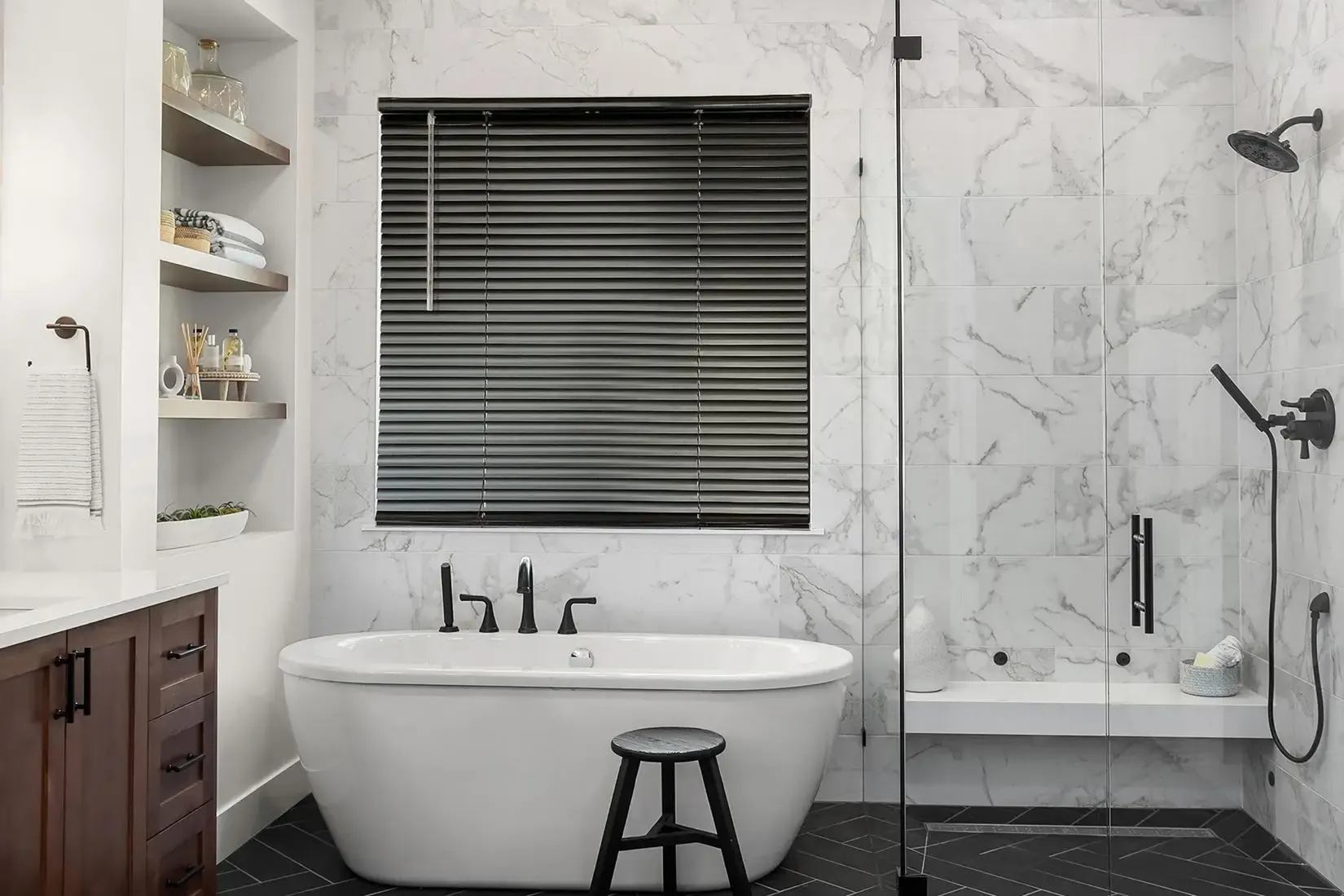 Faux-wood blinds mounted inside the frame for a neat living room finish