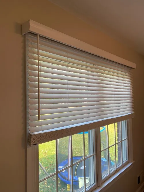 Filtered outdoor view through a freshly installed shade